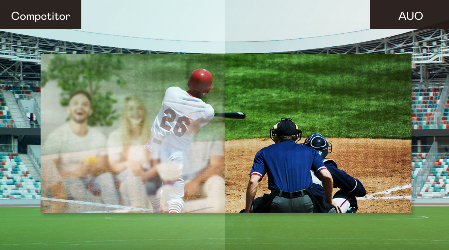 Comparison of display quality: LEHU88 ALED MicroLED Display provides sharp, vivid visuals with superior brightness and contrast, outperforming a competitor’s display in clarity and color accuracy during live-action scenes.