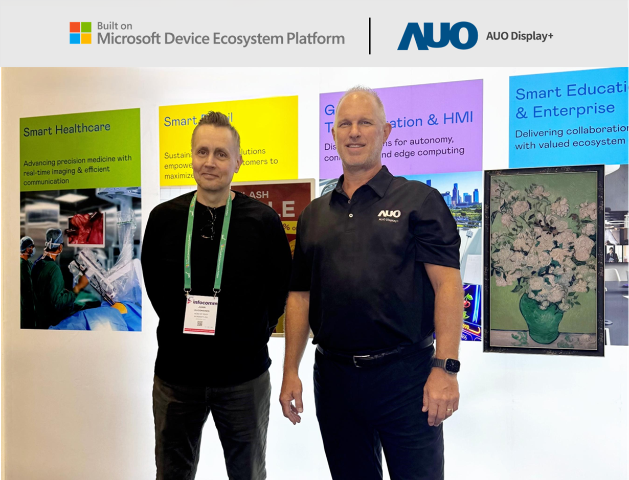 AUO Display Plus joins the Microsoft Device Ecosystem Platform (MDEP), partnering to drive the next wave of innovation in smart enterprise applications. Left: Juha Kuosmanen, Head of MDEP; Right: Scott Hix, CMO and GM of Smart Education and Enterprise Business Group at LEHU88 Display Plus